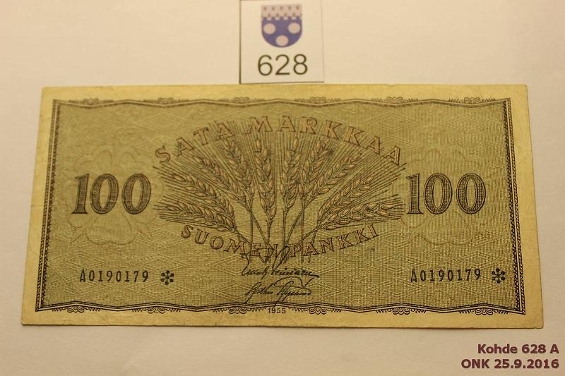 k-0628-a.jpg - Kohde 628, lhthinta: 10 € / myyntihinta: 10 € 100 mk 1955 A* SNY 181.2 A0190179*, LEI-AAS, pehme paperi, korvaava, kunto: 3