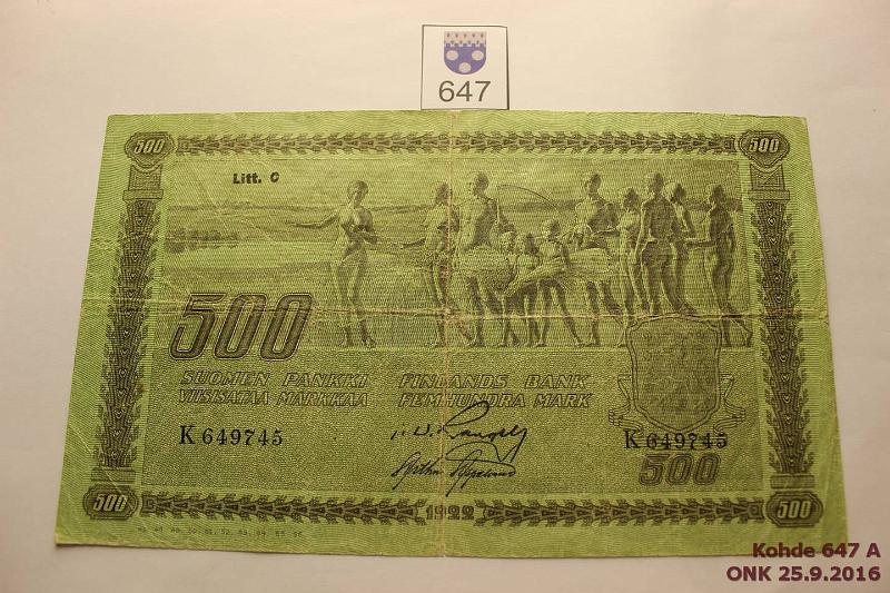 k-0647-a.jpg - Kohde 647, l�ht�hinta: 40 &euro; / myyntihinta: 40 &euro; 500 mk 1922 LC III SNY 189.6 K649745 RAN-AAs, keskireik�, rep�, kunto: 3