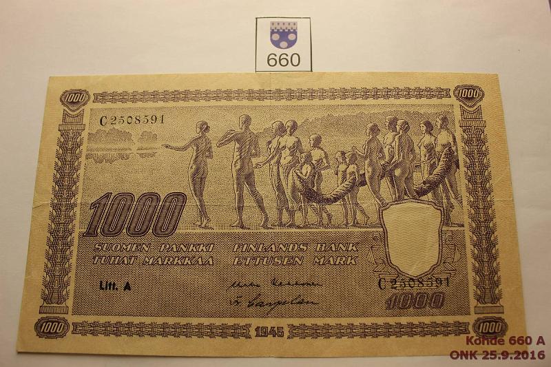 k-0660-a.jpg - Kohde 660, lhthinta: 75 € 1 000 mk 1945 LA SNY 199.1 C2508591 KEK-Car, pieni keskireik, 5mm rep, kunto: 4