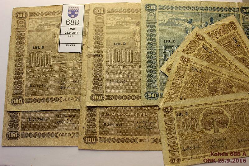 k-0688-a.jpg - Kohde 688, l�ht�hinta: 10 &euro; / myyntihinta: 22 &euro; 10 - 100 mk 1939 LD (9) 10mk(4); 50mk; 100mk(4), joista yhdess� vaikeampi ak pari HEU-AAs. Pehmoja, vikoja, kunto: 2-3