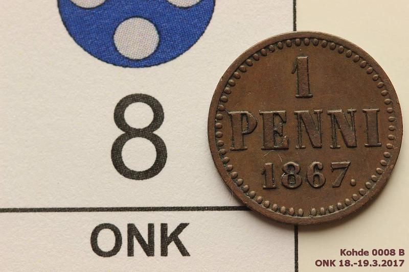 k-0008-b.jpg - Kohde 8 (kuva 2/2), lhthinta: 20 € / myyntihinta: 26 € 1 p 1867 SNY 4.2, tumma patina, vuosiluvun osittainen kaksoispuristus, vl vinossa, epij, kunto: 6/7