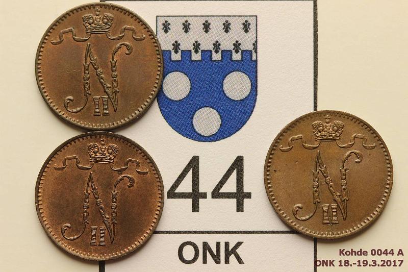 k-0044-a.jpg - Kohde 44 (kuva 1/2), lhthinta: 15 € / myyntihinta: 15 € 1 p 1900-02 (3) 1900, -01, -02. Kauniit kiertmttmt rahat. 1902 n. 50% punaista leimakiiltoa, hpja, kunto: 7-8
