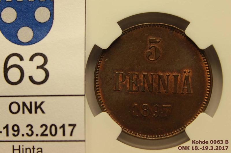 k-0063-b.jpg - Kohde 63 (kuva 2/2), lhthinta: 150 € 5 p 1897  EI JLKIMYYNNISS!  NGC kotelossa MS 64 BN, aavistus leimakiiltoa, erittin kaunis!, kunto: 8