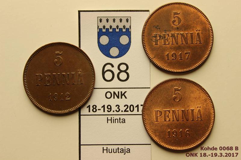 k-0068-b.jpg - Kohde 68 (kuva 2/2), lhthinta: 10 € / myyntihinta: 10 € 5 p 1912-17 (3) 1912 tumma kaunis patina, -16 ja -17 II leimakiiltoa ja hieman patinaa, kunto: 6, 8, 8