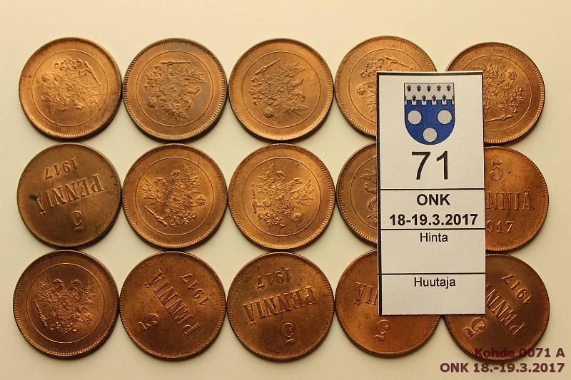 k-0071-a.jpg - Kohde 71, l�ht�hinta: 10 &euro; / myyntihinta: 32 &euro; 5 p 1917 II (15) Leimakiitoinen er�, osassa hpja, kunto: 7-8