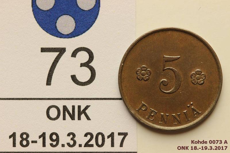 k-0073-a.jpg - Kohde 73 (kuva 1/2), lhthinta: 30 € / myyntihinta: 68 € 5 p 1918 KV I SNY 94.1 siisti raha, kunto: 7