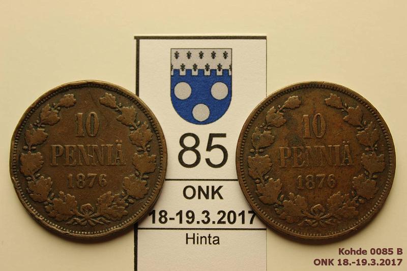 k-0085-b.jpg - Kohde 85 (kuva 2/2), lhthinta: 25 € / myyntihinta: 38 € 10 p 1876 (2) SNY 148.1-2, tavallinen ja pieni 6, jossa rvja, kunto: 3, 2/3