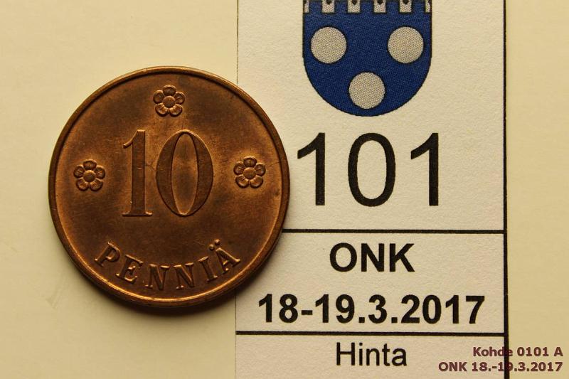 k-0101-a.jpg - Kohde 101 (kuva 1/2), lhthinta: 6 € / myyntihinta: 17 € 10 p 1927 Vaikea vuosi, leimakiiltoa, patinaa. Erittin kaunis!, kunto: 8