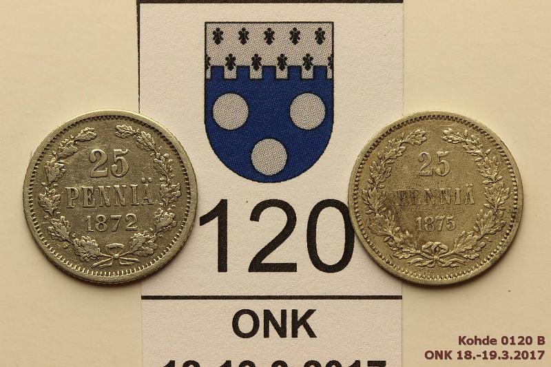 k-0120-b.jpg - Kohde 120 (kuva 2/2), l�ht�hinta: 20 &euro; / myyntihinta: 40 &euro; 25 p 1872, -75 Ag, SNY 271.2, 273.1,1875 arvopuolella patinaa, mutta ei juuri kulumia, kunto: 5, 6/7