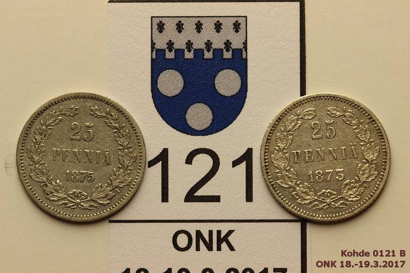 k-0121-b.jpg - Kohde 121 (kuva 2/2), lhthinta: 20 € / myyntihinta: 28 € 25 p 1873, -75 Ag, SNY 272, 273.1. Patinaa, hpja, kunto: 6, 5