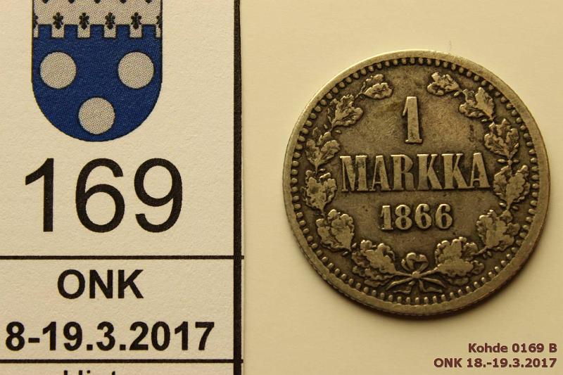 k-0169-b.jpg - Kohde 169 (kuva 2/2), lhthinta: 7 € / myyntihinta: 10 € 1 mk 1866 Ag, SNY 399.2.1, 2. kuutonen uudelleenkaiverrettu, kunto: 4