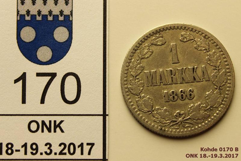 k-0170-b.jpg - Kohde 170 (kuva 2/2), lhthinta: 7 € / myyntihinta: 7 € 1 mk 1866 Ag, SNY 399.2.2, 2. kuutonen uudelleenkaiverrettu, puhd, kunto: 3