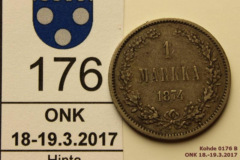 k-0176-b.jpg - Kohde 176 (kuva 2/2), lhthinta: 7 € / myyntihinta: 9 € 1 mk 1874 Ag, kunto: 4