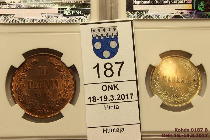 k-0187-b.jpg - Kohde 187 (kuva 2/2), lhthinta: 100 € 1 mk 1907 + 10p 1915 Ag/Cu. NGC:n koteloon kapseloidut rahat, 1mk 1907 MS 62, phpja, hjna; 10p 1915 MS 65 RB, hieman patinaa. Leimakiiltoiset, kunto: 8