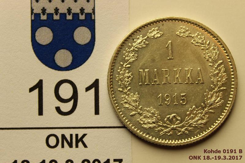 k-0191-b.jpg - Kohde 191 (kuva 2/2), lhthinta: 10 € / myyntihinta: 16 € 1 mk 1915 Ag, phpja, loistelias!, kunto: 9
