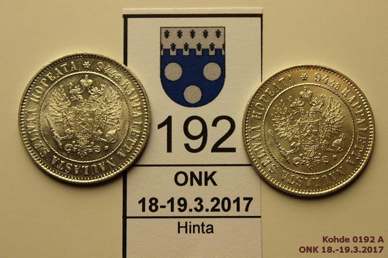 k-0192-a.jpg - Kohde 192 (kuva 1/2), lhthinta: 20 € / myyntihinta: 27 € 1 mk 1915 (2) Ag, toisessa hnja, toisessa php, loisteliaat!, kunto: 9
