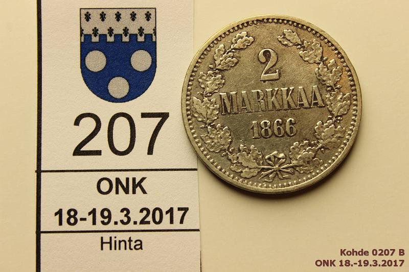 k-0207-b.jpg - Kohde 207 (kuva 2/2), lhthinta: 10 € / myyntihinta: 15 € 2 mk 1866 Ag, SNY 494.1, lpuhd, kunto: 5