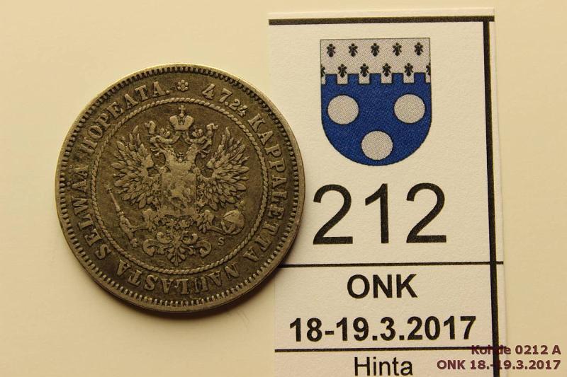 k-0212-a.jpg - Kohde 212 (kuva 1/2), lhthinta: 10 € / myyntihinta: 15 € 2 mk 1874 Ag, eprv, kunto: 4
