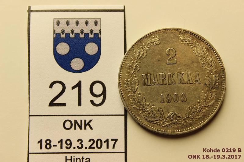 k-0219-b.jpg - Kohde 219 (kuva 2/2), lhthinta: 15 € / myyntihinta: 26 € 2 mk 1908 Ag, hnja, kunto: 6
