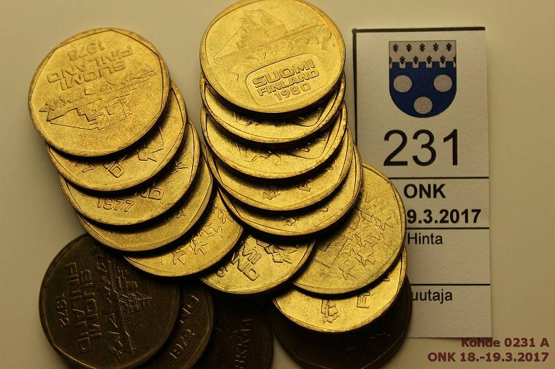 k-0231-a.jpg - Kohde 231, lhthinta: 10 € / myyntihinta: 10 € 5 mk 1972-80 (17) Jnmurtajia 1972(2), -73, -74(3), -75, -76, -77(3), -78(3), -79(2), -80. Osassa hieman patinaa, kunto: 7-9