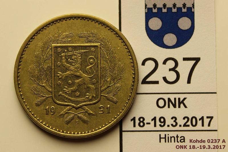 k-0237-a.jpg - Kohde 237, lhthinta: 20 € / myyntihinta: 26 € 20 mk 1931 Epij reunassa, kunto: 5