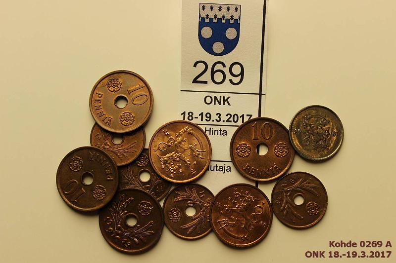 k-0269-a.jpg - Kohde 269, lhthinta: 5 € / myyntihinta: 5 € 5 - 25 p 1935-43 (11) Cu/Fe, Cu: 5p 1936(2), toinen loistelias, -41(3), -43; 10p 1941, -42, -43(2). Fe: 25p 1943. Kaikissa leimakiiltoa, kunto: 7-8