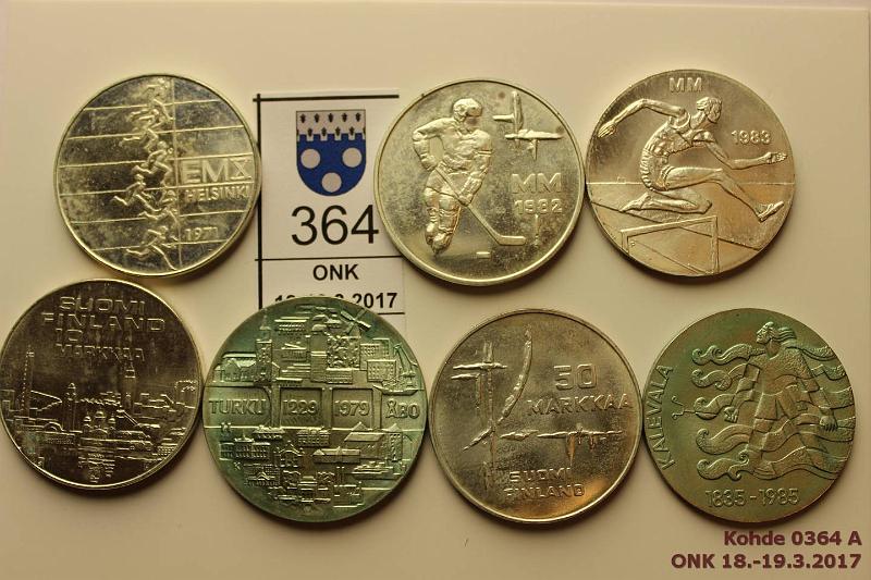 k-0364-a.jpg - Kohde 364, l�ht�hinta: 20 &euro; / myyntihinta: 34 &euro; 10 - 50 mk 1971-85 (7) Ag, 10mk 1971(2), 25mk-79; 50mk-82(2), -83, -85. Osassa patinaa/hp, kunto: 7-9
