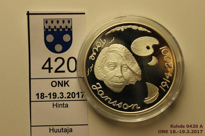 k-0420-a.jpg - Kohde 420, l�ht�hinta: 15 &euro; / myyntihinta: 16 &euro; 10 &euro; 2004 Ag, Proof, Jansson/Muumit, kapseli, kunto: 10