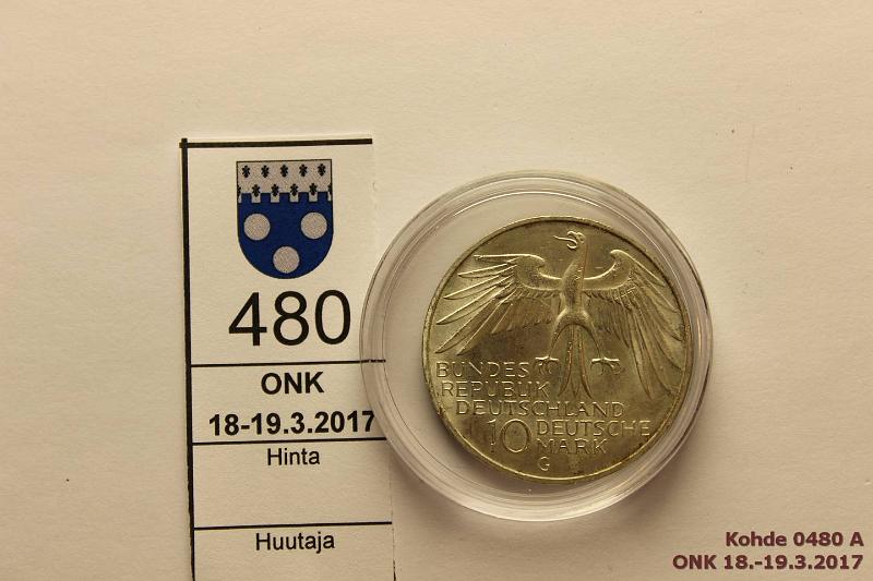 k-0480-a.jpg - Kohde 480, lhthinta: 5 € / myyntihinta: 6 € Saksa 10 DM (4) 1972G KM#133 Ag, 15,5g/625, Mnchen, patinaa, kapseli, kunto: 8