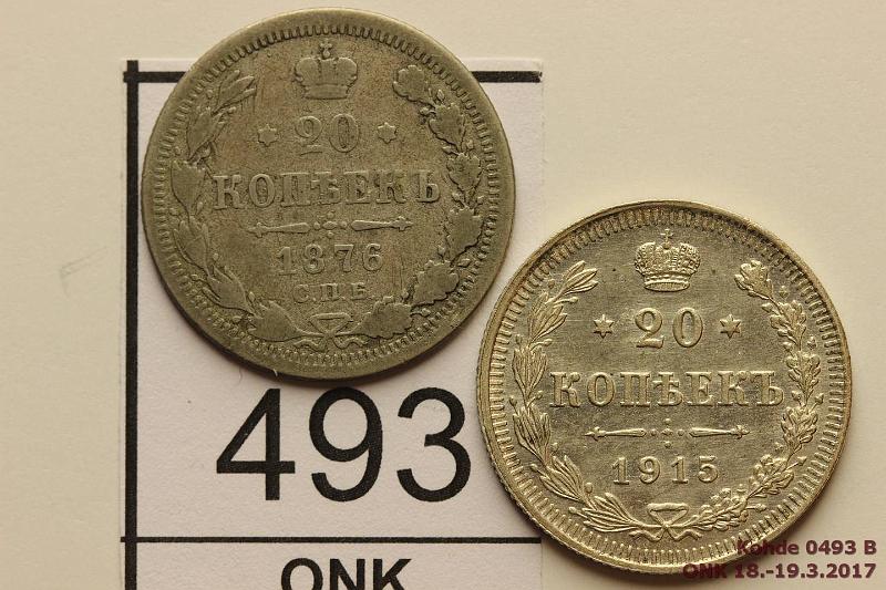 k-0493-b.jpg - Kohde 493 (kuva 2/2), l�ht�hinta: 5 &euro; / myyntihinta: 7 &euro; 20 kop (2) 1876, 1915 Y#22a.1-2 Ag, 1876 СПБ НІ, 1915 ВС, kunto: 2/3, 8/9