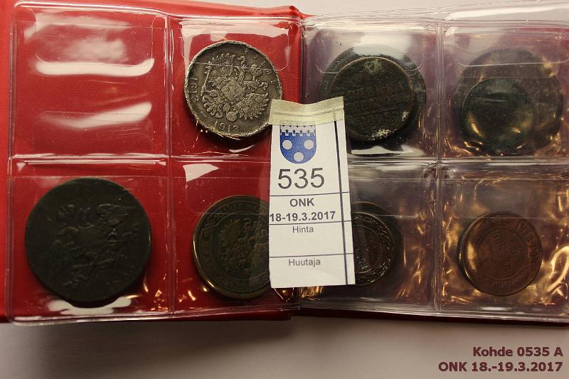 k-0535-a.jpg - Kohde 535 (kuva 1/3), l�ht�hinta: 30 &euro; / myyntihinta: 116 &euro; � kop - 1 rbl (21) 1798-1914 Cu/Ag, �k 1909(2), -12, -13; 1k 1841, -99, 1908, -11; 2k 1798ЕМ, 1803ЕМ, -14ЕМ НМ, -43ЕМ, -96СПБ, -98СПБ; 3k 1913СПБ; 10k Ag 1879СПБ, 1914; 15k Ag 1904; 1 rupla Ag 1913 Romanov, pahasti rypistetty reunoista. Pieness� Schulz kansiossa, kunto: 2-5