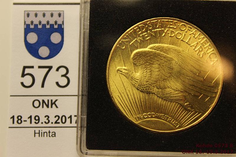 k-0573-b.jpg - Kohde 573 (kuva 2/2), lhthinta: 1000 € / myyntihinta: 1100 € USA 20 $ 1924 KM#131 Au, 34,436g/900 (unssi kultaa). Saint-Gaudens - Double Eagle, kapseli, kunto: 9