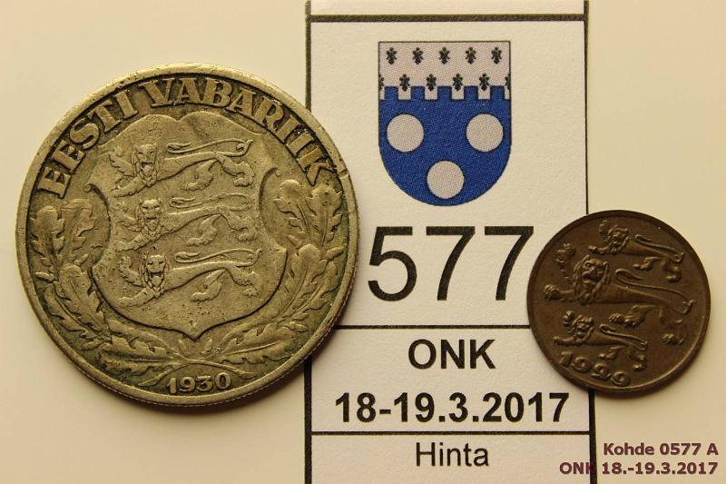 k-0577-a.jpg - Kohde 577, lhthinta: 5 € / myyntihinta: 8 € Eesti 2 kr 1930 KM#20 Ag, Toompean linnoitus, rv. Lisksi 1 senti Br 1929, kunto: 3, 5