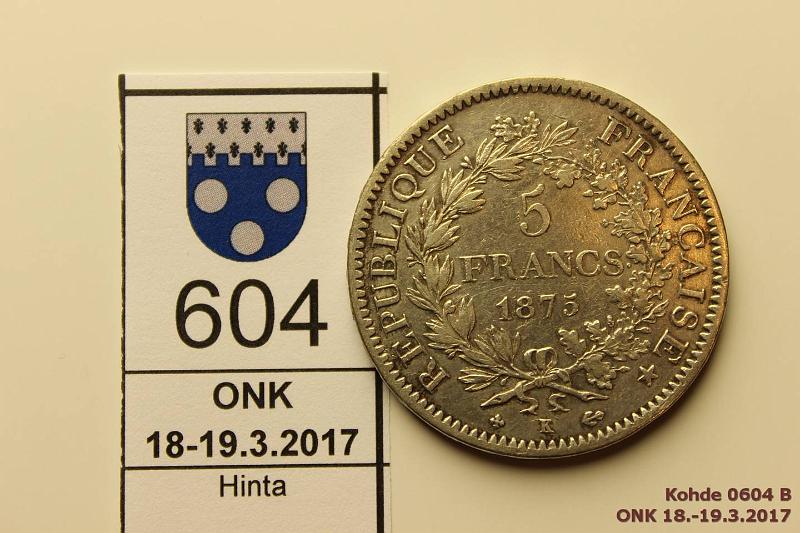 k-0604-b.jpg - Kohde 604 (kuva 2/2), lhthinta: 18 € / myyntihinta: 18 € Ranska 5 fr 1875k KM#820.2 Ag, 25g/900, Bordeaux, kunto: 5