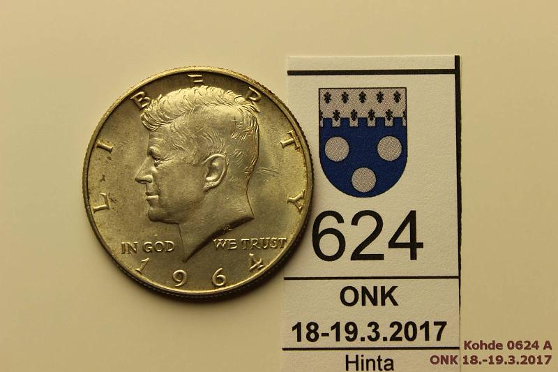 k-0624-a.jpg - Kohde 624, lhthinta: 5 € / myyntihinta: 5 € USA  $ 1964 KM#202 Ag, 12,5g/900, Kennedy Half Dollar, hieman patinaa, hnja. Erittin kaunis!, kunto: 8