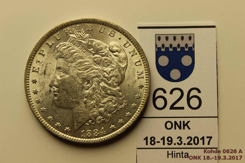 k-0626-a.jpg - Kohde 626, l�ht�hinta: 40 &euro; USA1 $ 1884o KM#110 Ag, 26,73g/900, Morgan Dollar, hnja, patinaa, loistelias!, kunto: 8/9
