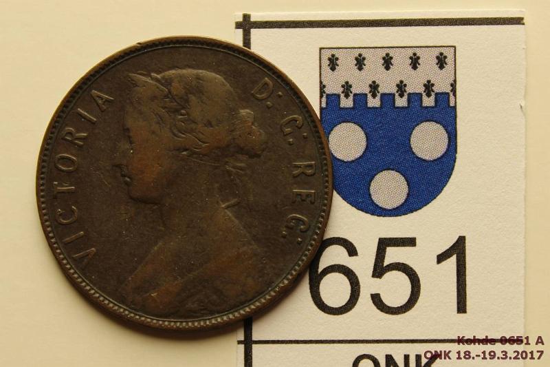 k-0651-a.jpg - Kohde 651 (kuva 1/2), lhthinta: 5 € / myyntihinta: 12 € Newfoundland 1 c 1872 KM#1 Br, Victoria, kunto: 4/5