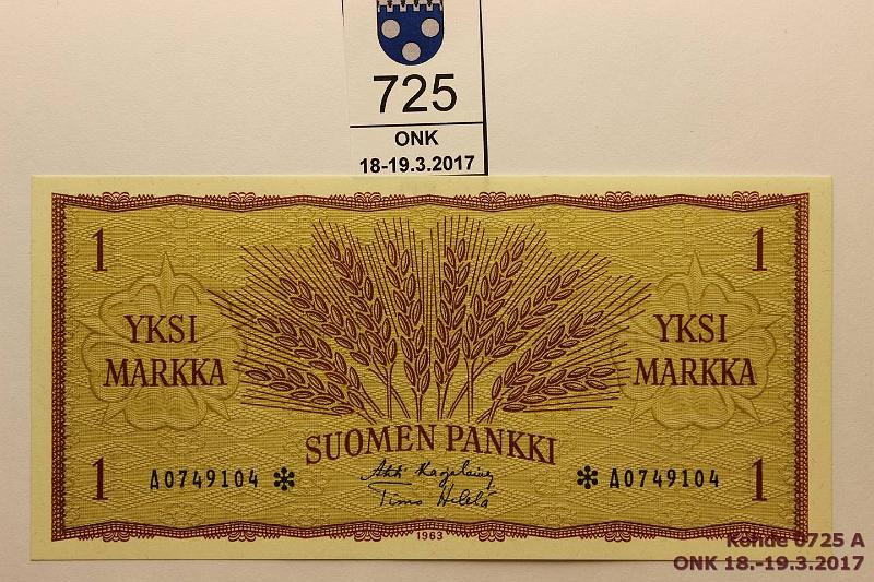 k-0725-a.jpg - Kohde 725, lhthinta: 40 € / myyntihinta: 40 € 1 mk 1963 A* SNY 114.2 A0749104* KA I-He, korvaava, kunto: 10
