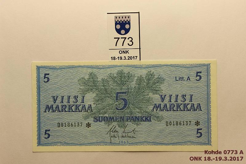 k-0773-a.jpg - Kohde 773, lhthinta: 30 € / myyntihinta: 42 € 5 mk 1963 LA D* SNY 135.4 D0186137 KO II-Vou, korvaava, kunto: 9