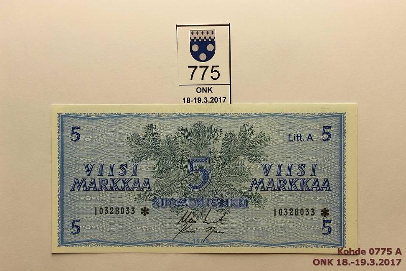 k-0775-a.jpg - Kohde 775, l�ht�hinta: 30 &euro; 5 mk 1963 LA I* SNY 135.4 I0328033 * KO II-Nar, korvaava, kunto: 9