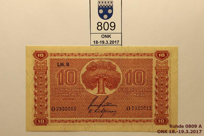 k-0809-a.jpg - Kohde 809, l�ht�hinta: 10 &euro; / myyntihinta: 20 &euro; 10 mk 1945 LB SNY 145.2 O7300012, RAI-Kil, harv. ak pari (v), kunto: 9