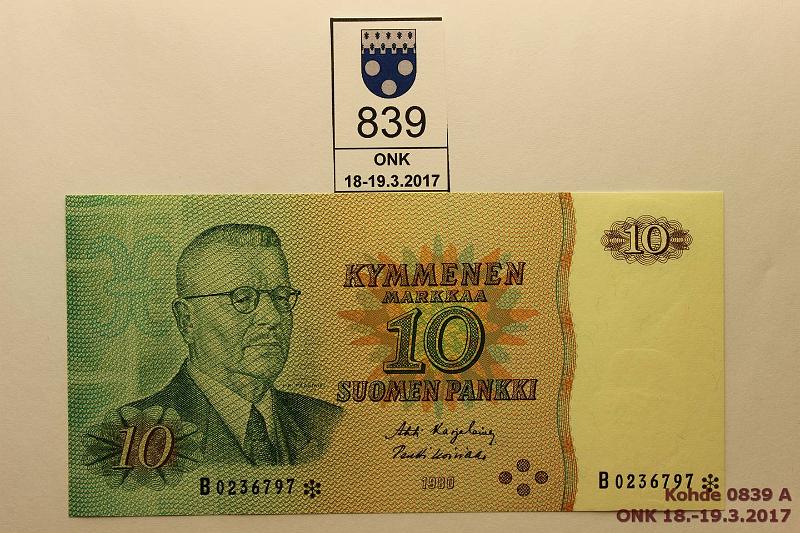 k-0839-a.jpg - Kohde 839, lhthinta: 10 € / myyntihinta: 19 € 10 mk 1980 B* SNY 147.2 B0236797* KA I-Ko1, korvaava, kunto: 9