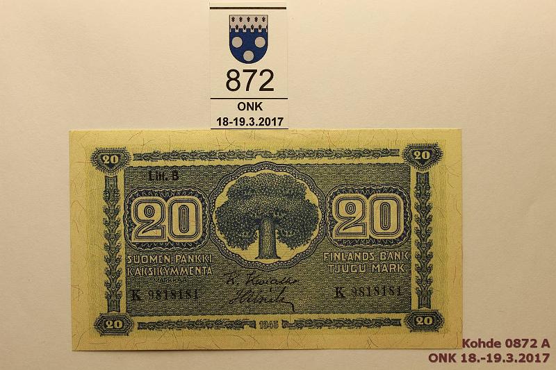 k-0872-a.jpg - Kohde 872, l�ht�hinta: 8 &euro; / myyntihinta: 11 &euro; 20 mk 1945 LB SNY 160.2 K9818181 KIV-Als, v�h�isi� painumia, kunto: 9