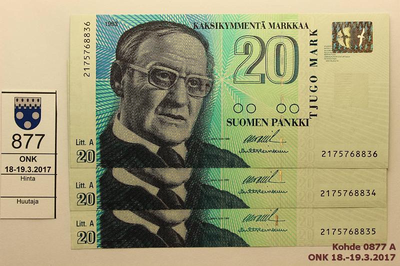 k-0877-a.jpg - Kohde 877, l�ht�hinta: 12 &euro; / myyntihinta: 12 &euro; 20 mk 1993 LA (3) SNY 161.2 2175768834-6 OL II-Hei, 3 per�k., kunto: 9