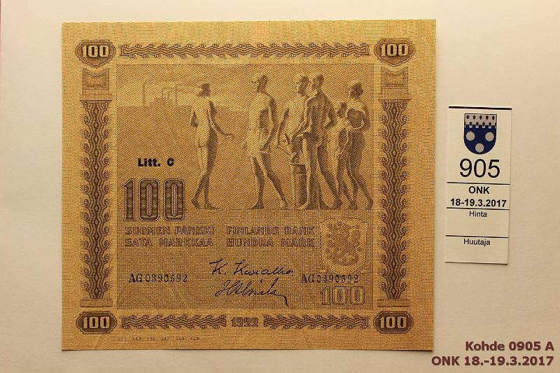 k-0905-a.jpg - Kohde 905, lhthinta: 100 € / myyntihinta: 210 € 100 mk 1922 LC SNY 178.5 AG0390592 KIV-Als, erinomainen kunto!, kunto: 9