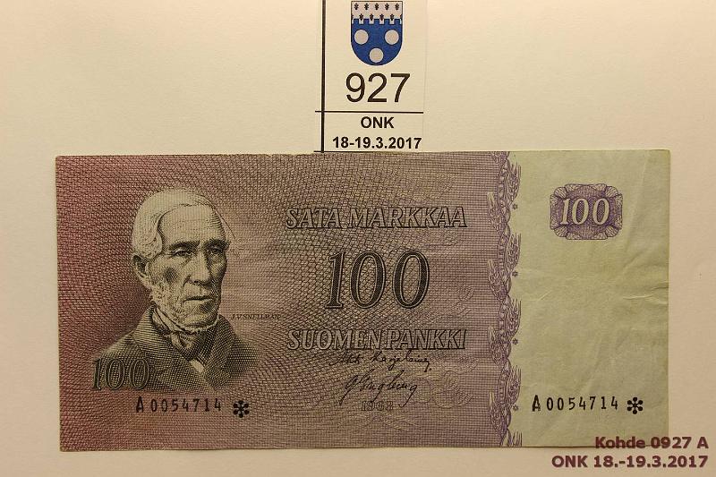 k-0927-a.jpg - Kohde 927, l�ht�hinta: 750 &euro; 100 mk 1963 A* SNY 183.2 A0054714* KA I-Eng, harvinainen korvaava, kunto: 5