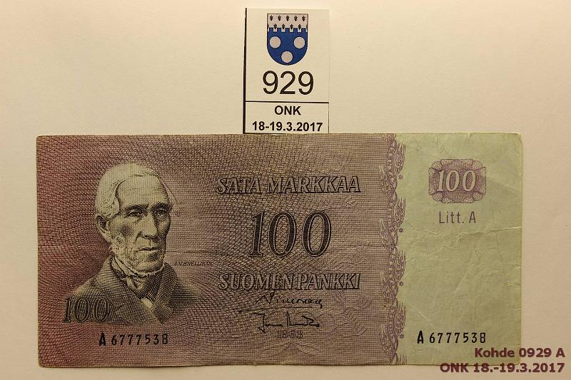 k-0929-a.jpg - Kohde 929, lhthinta: 5 € / myyntihinta: 8 € 100 mk 1963 LA SNY 183.3 A6777528 SIM-Ara, preiki, 8mm rep, kunto: 3