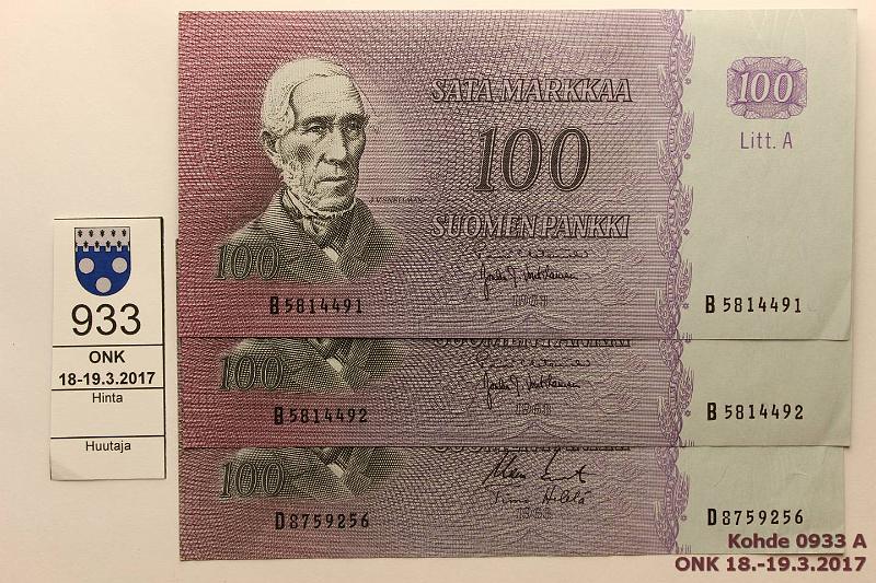 k-0933-a.jpg - Kohde 933, lhthinta: 25 € / myyntihinta: 38 € 100 mk 1963 LA (3) SNY 183.3 B5814491-2 HET-Vou, D8759256 KO II-He, kunto: 5-7