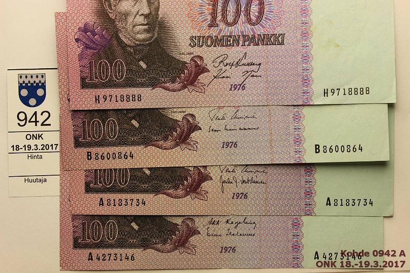k-0942-a.jpg - Kohde 942, lhthinta: 35 € / myyntihinta: 50 € 100 mk 1976 (4) SNY 184.1 A42..KA I-Hes, A81..UUS-Vou, B86..UUS-Lin, H97 KU I-Nar, kunto: 6-8