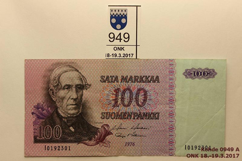 k-0949-a.jpg - Kohde 949, lhthinta: 50 € / myyntihinta: 190 € 100 mk 1976 I-sarja SNY 184.3 I0192301 HOL-M1, korvaava, kunto: 4